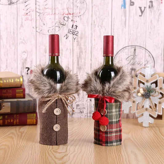 Christmas Wine Bottle Cover Bow Knot Linen Fur Collar Knit Wine Bottle Bag Bottle Case Decorations for Home New Year Christmas